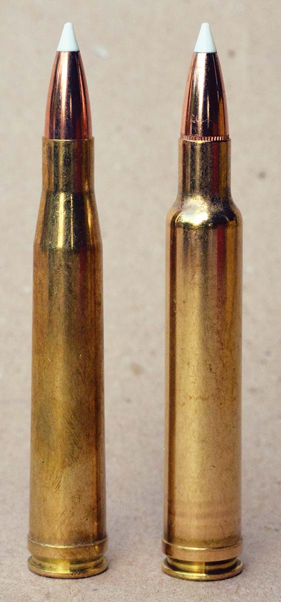 The 300 H&H Magnum (left) was the basis for the 300 Weatherby Magnum (right) that featured a blown-out case and double radius shoulder.